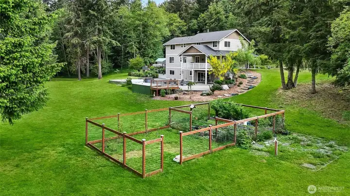 Fenced Garden with Raised beds, raspberries and blueberries