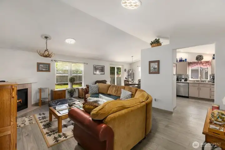 Large living room with a cozy gas fireplace