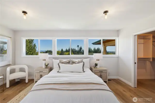 Primary bedroom with walk-in closet on the left.  There's a door that leads to the private gardens and sitting areas in the courtyard.  This home has large windows that allow lots of natural light.