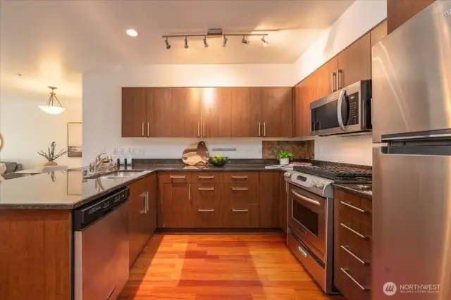 Stainless steel appliances, granite countertops, and tons of storage.