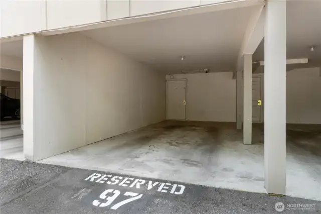 Covered spot with conveniently located large storage unit directly in front of stall