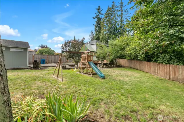 Large lawn space in backyard with play structure