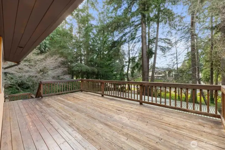 Entertainment size front deck with view of the front of the property.