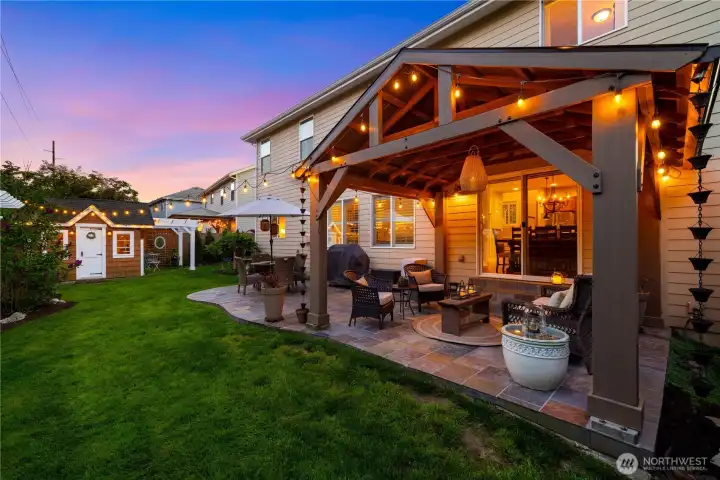 The backyard has been crafted to enjoy all four seasons in the Pacific Northwest.