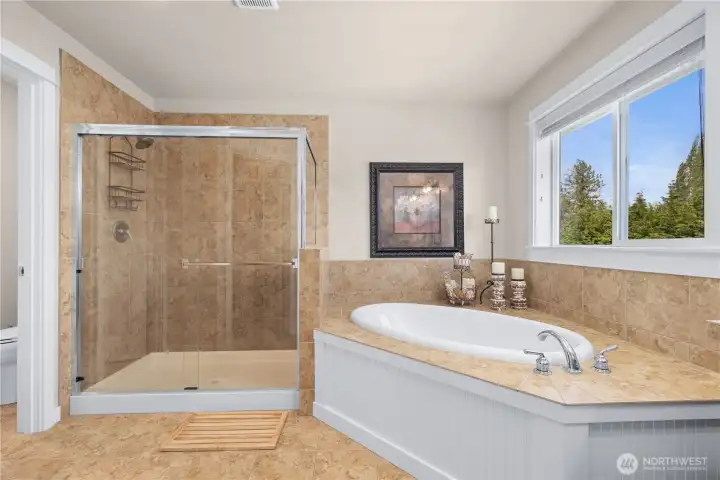 Tub and shower in the primary bath.