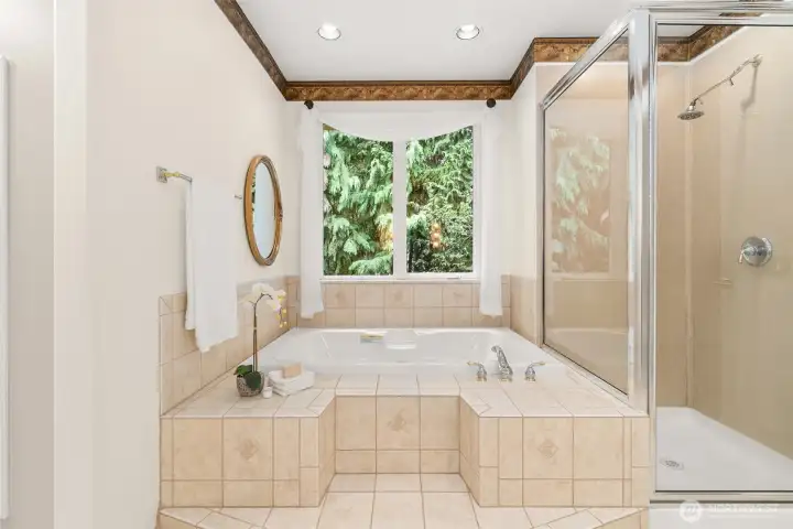 Glass shower and a tub where you can soak away the cares of the day, surrounded by trees.