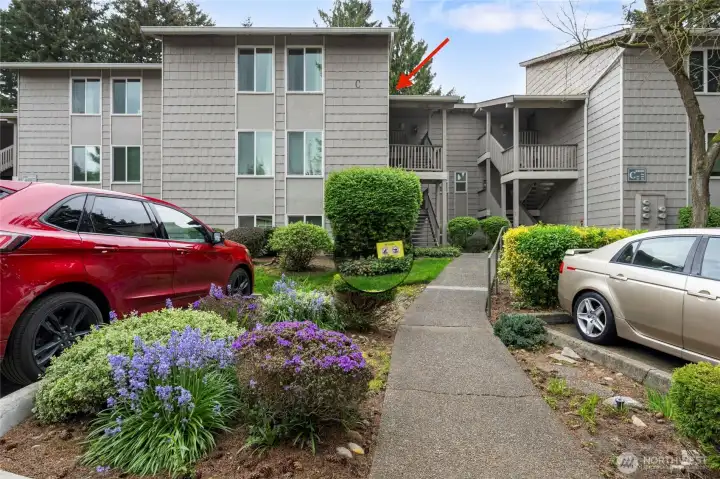 C303 is a top floor unit. Assigned parking space is #39, and there is also room for visitors in the "Reserved" parking section.