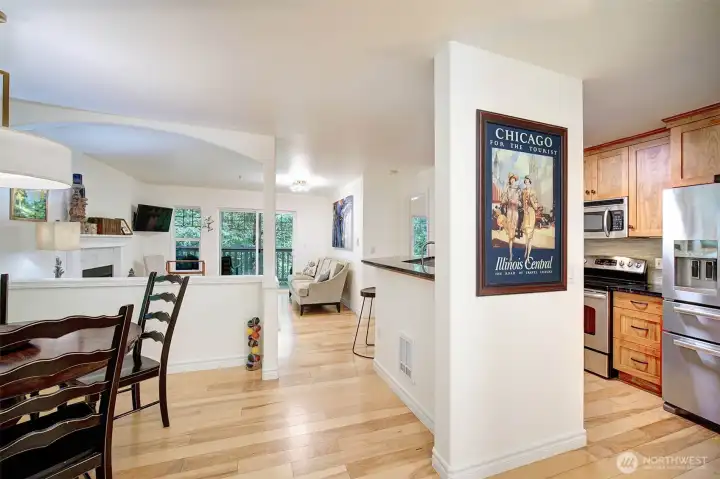 Engineered hardwood floors flow throughout the main living areas.