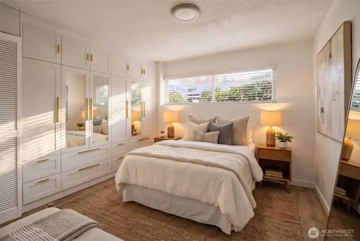 Ample and inviting primary bedroom with lots of storage. Virtually staged.