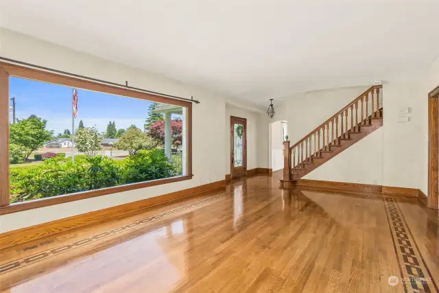 Living Room with custom imported wood flooring.