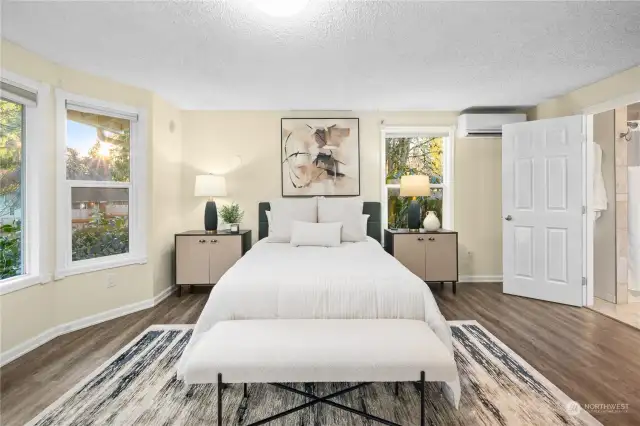 An owner's suite that meets your every need.. Oversized bedroom intended to fit furniture of any size, A/C, large walk in closet, secondary shelving storage closet and attached bath!