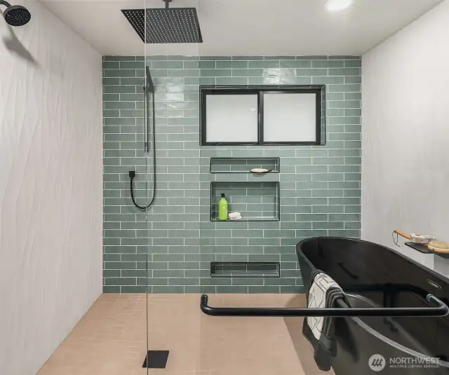 Another view of the wet room with soaking tub, relax and unwind