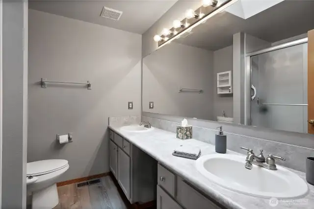 Primary bath with 2 sinks recently remodeled.