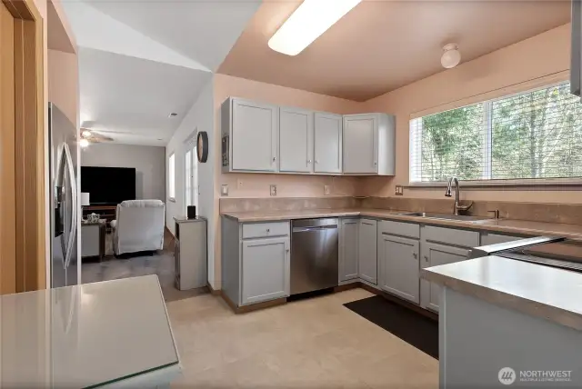 Kitchen flows into family room. Walk-in pantry to the left.
