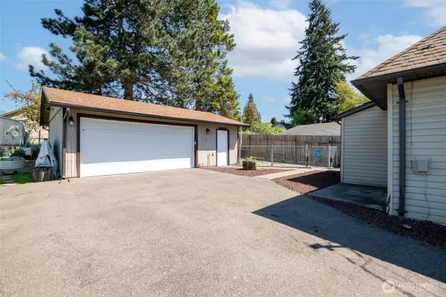 2-car garage with shop space and plenty of outlets