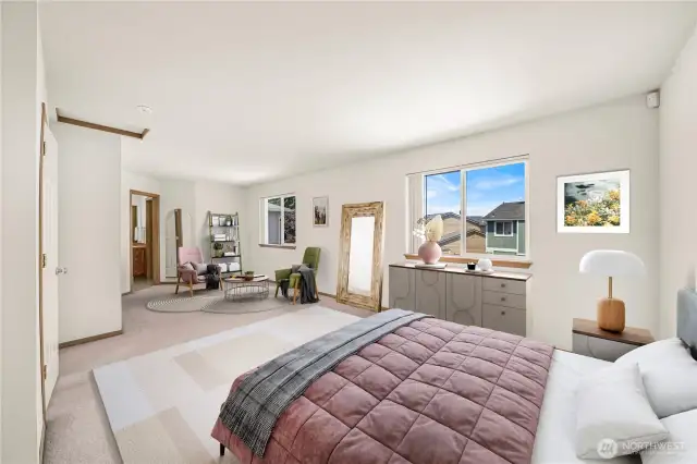 Virtually staged primary bed - shows the potential and space in the primary!