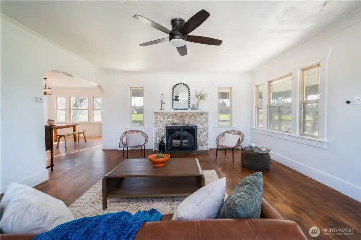 Cozy up by the brick fireplace