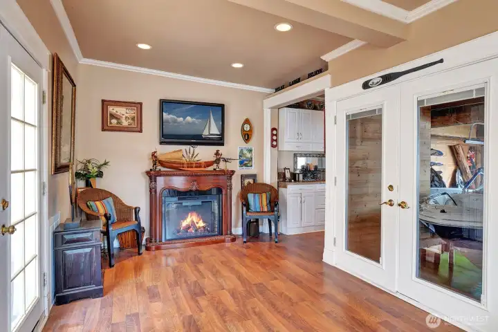 Boat house interior with hardwood floors