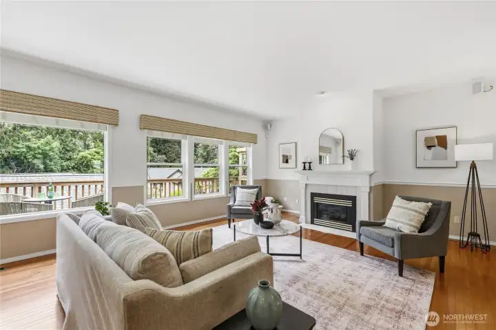 Generous living room with propane fireplace