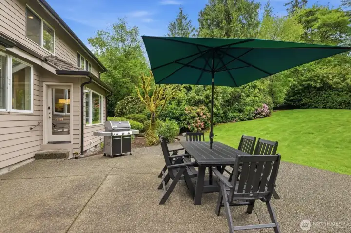 The sun-drenched grounds are truly exceptional—lush emerald level lawns framed by mature evergreens create a private park-like retreat perfect for entertaining, play, or peaceful relaxation.