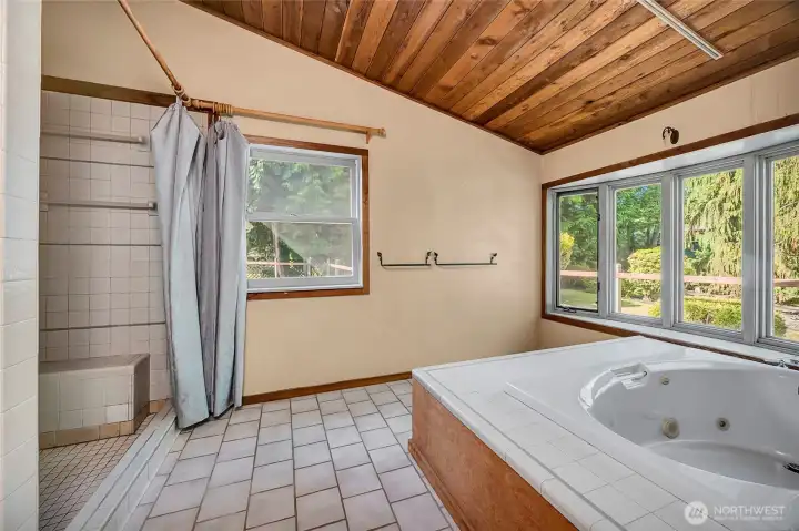 Tiled walk-in shower with jetted tub overlooks backyard. Tiled walk-in shower with jetted tub overlooks backyard.