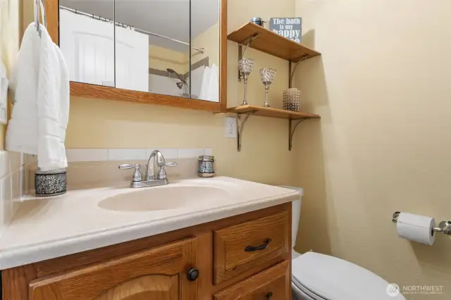 2nd upstairs full bath (shower and jetted tub to the left)