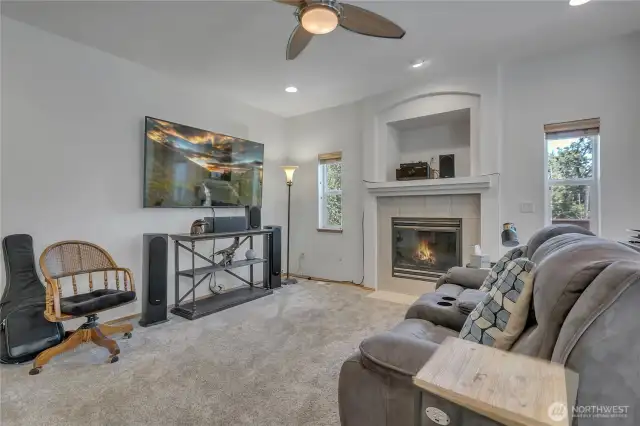 family room with gas fireplace