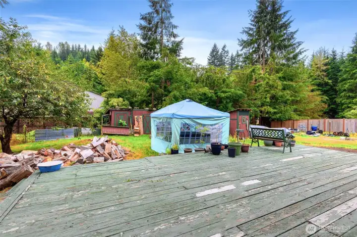 View of the spacious backyard featuring the large deck, a pop-up canopy for shade, and multiple rustic outbuildings. Surrounded by evergreens, this versatile outdoor space is perfect for gardening, gatherings, or creative projects.