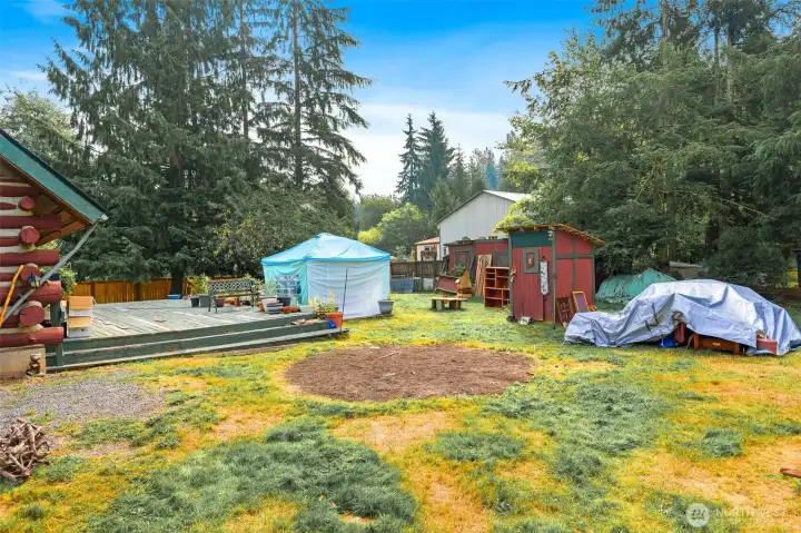 Looking from the deck toward the yard, this angle highlights the canopy, red-and-green storage sheds, and open green space. A mix of shade trees and evergreens frame the property, offering privacy and room to spread out.