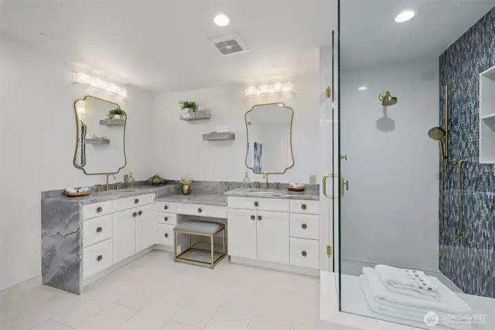 Elegant bathrooms with contemporary upgrades and a clean, polished aesthetic.