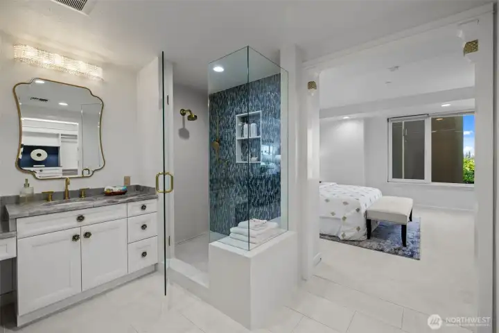 Updated, spa-inspired bathrooms with designer tile and stylish modern fixtures.