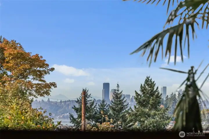 Enjoy peekaboo views of Lake Washington, the Seattle skyline, and the mountains from your private outdoor space.