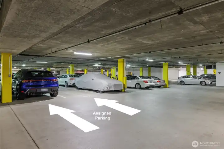 Two secured parking spots, a storage unit, and concierge services offer convenience and peace of mind.