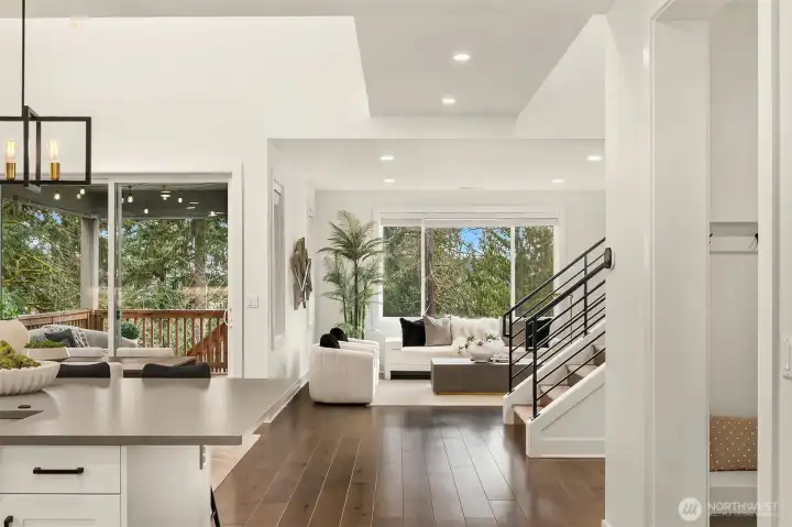 Great room: Kitchen, dining, and living area