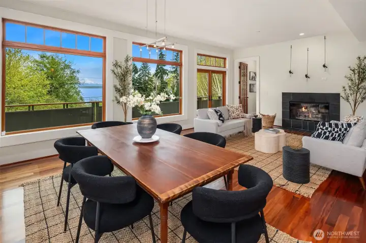 A second entrance to the flex room is in the background, to the left of the fireplace.