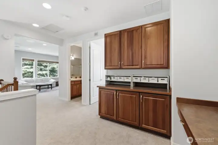 Built-in cabinets for extra storage space.