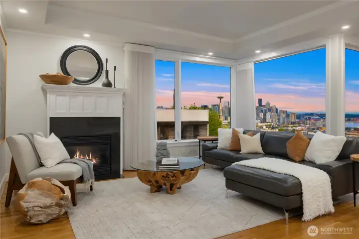 Gorgeous sunset views and cozy gas fireplace Gorgeous sunset views and cozy gas fireplace