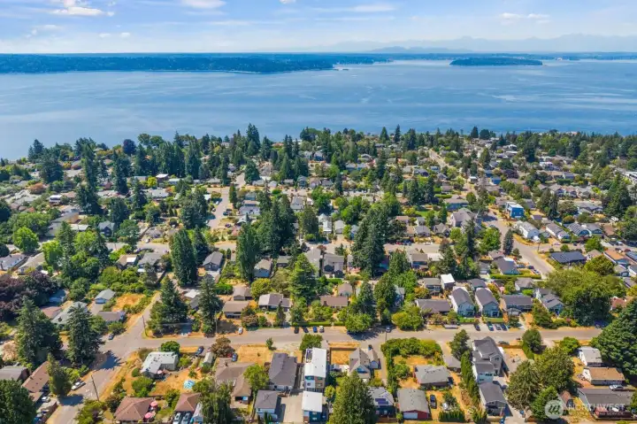 Neighborhood aerial highlighting proximity to Puget Sound and the Olympic Mountains. Neighborhood aerial highlighting proximity to Puget Sound and the Olympic Mountains.