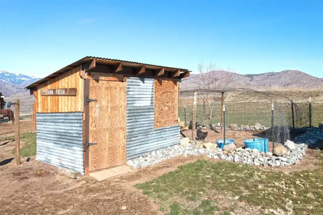 Chicken coop with easy access for eggs and attached pen.