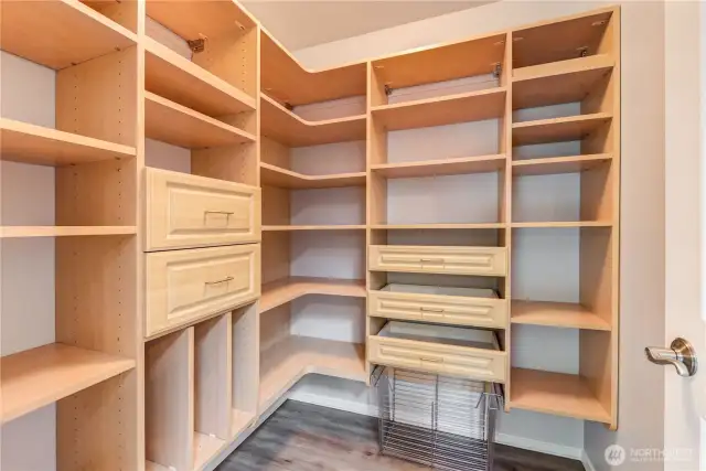 Large walk-in pantry with custom built-in shelving.