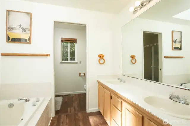 Features a double-sink vanity, tub beneath a skylight and sliding window with backyard view. Separate enclosed space for shower and toilet with its own window, accessed by a pocket door.