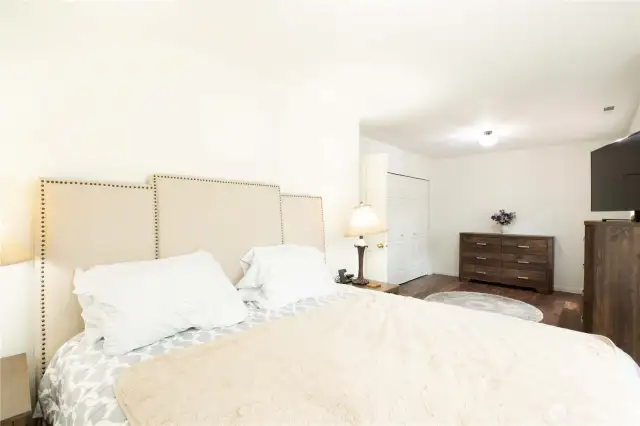 Downstairs large bedroom with two windows overlooking the back yard.
