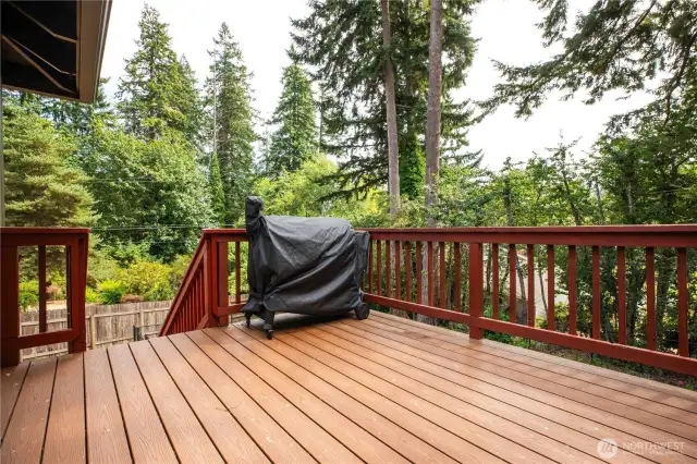 Main level deck - left stairs with an fully fenced pet enclosure.