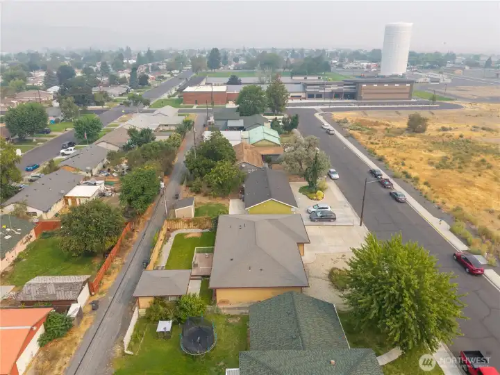 over view of the street close to schools.