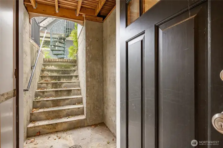 From the lower level to the back yard and garage.