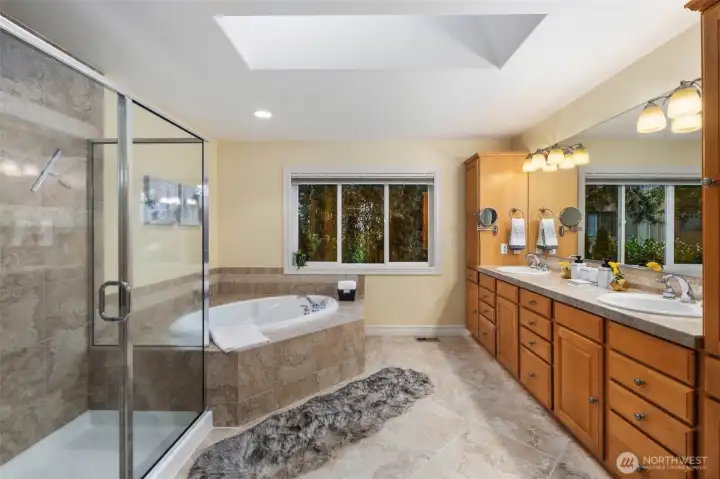 Luxurious 5 peices primary bath with soaking tub and walk-in shower