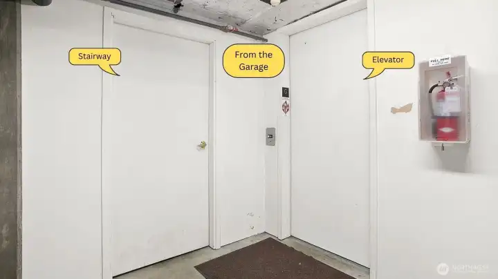 From the secured parking garage you can access the elevator or stairway.