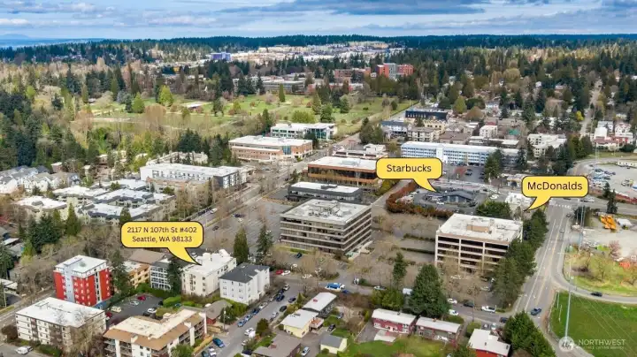 Ariel view facing North, noting that Starbucks and McDonalds are within walking distance located on N Northgate Way.