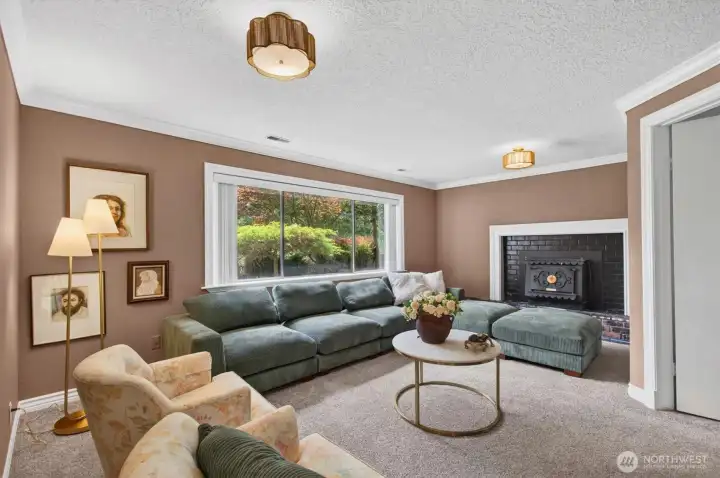 Lower level offers a nice c=warm family room area with wood stove insert and plenty of light from large window.