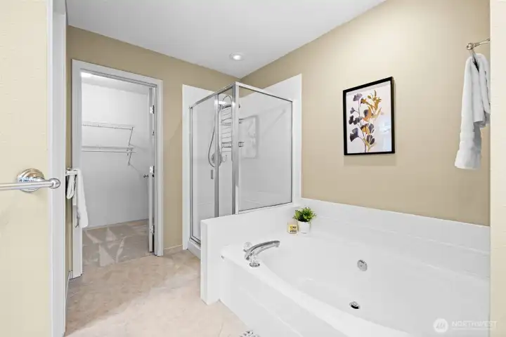 Large soaking tub, separate shower, and water closet Large soaking tub, separate shower, and water closet